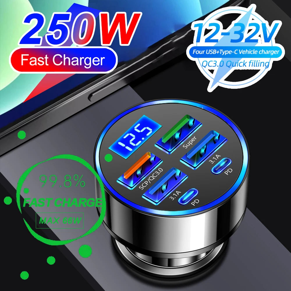 לרכב 66-250W PD QC3.0 טעינה מהירה אחת עד שש מתאמי רכב פלאש טעינה עם תצוגה דיגיטלית