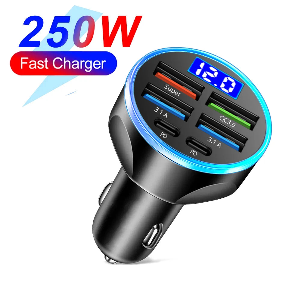 לרכב 66-250W PD QC3.0 טעינה מהירה אחת עד שש מתאמי רכב פלאש טעינה עם תצוגה דיגיטלית