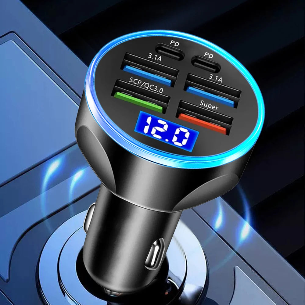 לרכב 66-250W PD QC3.0 טעינה מהירה אחת עד שש מתאמי רכב פלאש טעינה עם תצוגה דיגיטלית